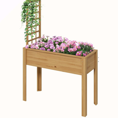 Lit de jardin surélevé Outsunny avec treillis pour plantes grimpantes, pot à fleurs surélevé avec trous de drainage, filtre et pieds pour légumes, fleurs, naturel