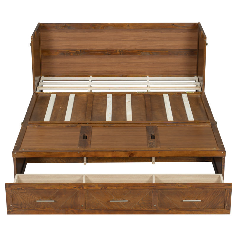 Grand lit escamotable, cadre de lit en bois de pin avec station de charge USB, brun, lit mural, Brun