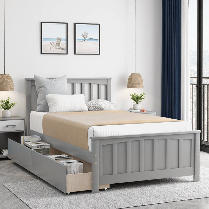 Lit plateforme élégant avec tiroirs de rangement gris, Gray