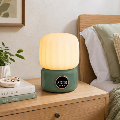 Green Retro Bedside Night Light with Touch and Remote Control, a Tabletop Clock alarm, Bluetooth speakers, and Knob stepless dimming for Warm Light; for Babies, Kids, Nurseries, Bedrooms, Outdoor Use, and Camping