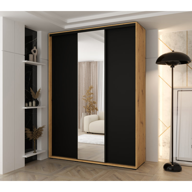 3 Door Manufactured Wood Wardrobe, Black/Natural, 235.2cm H x 180cm W x 45cm D
