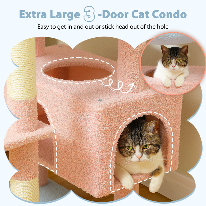 Arbre à chat de 72,4 po, condos à griffer et poteaux à griffer inclus, avec plateforme et panier, Bleu / Rose