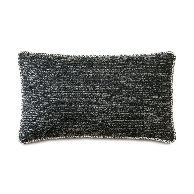 Gray Embroidered Rectangular Lumbar Pillow with Piped Edges