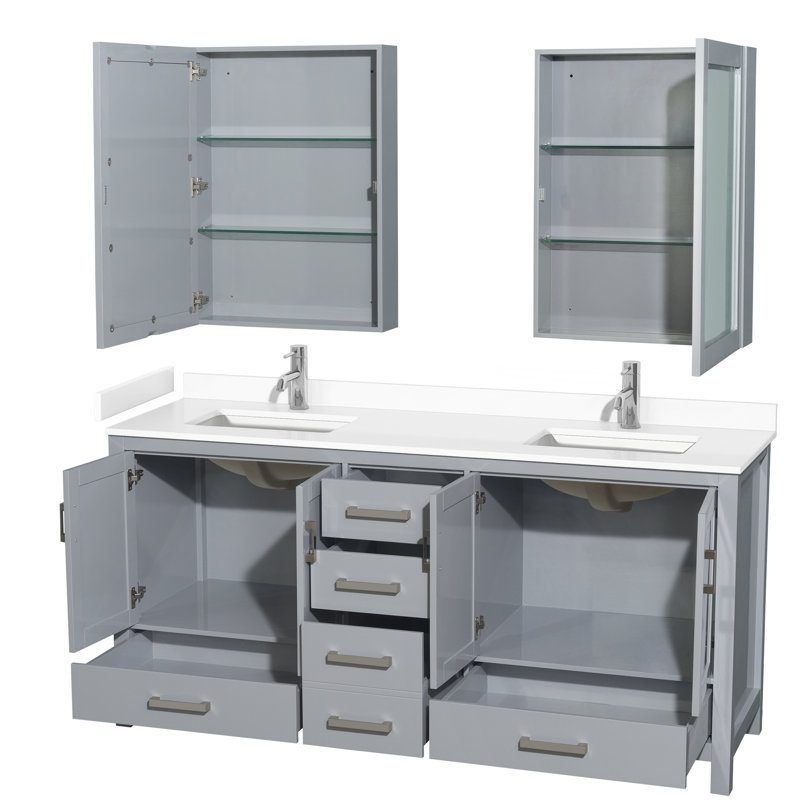 Sheffield 80" Bathroom Vanity Set with Mirror and Medicine Cabinet, White Cultured Marble, Espresso, 72" W