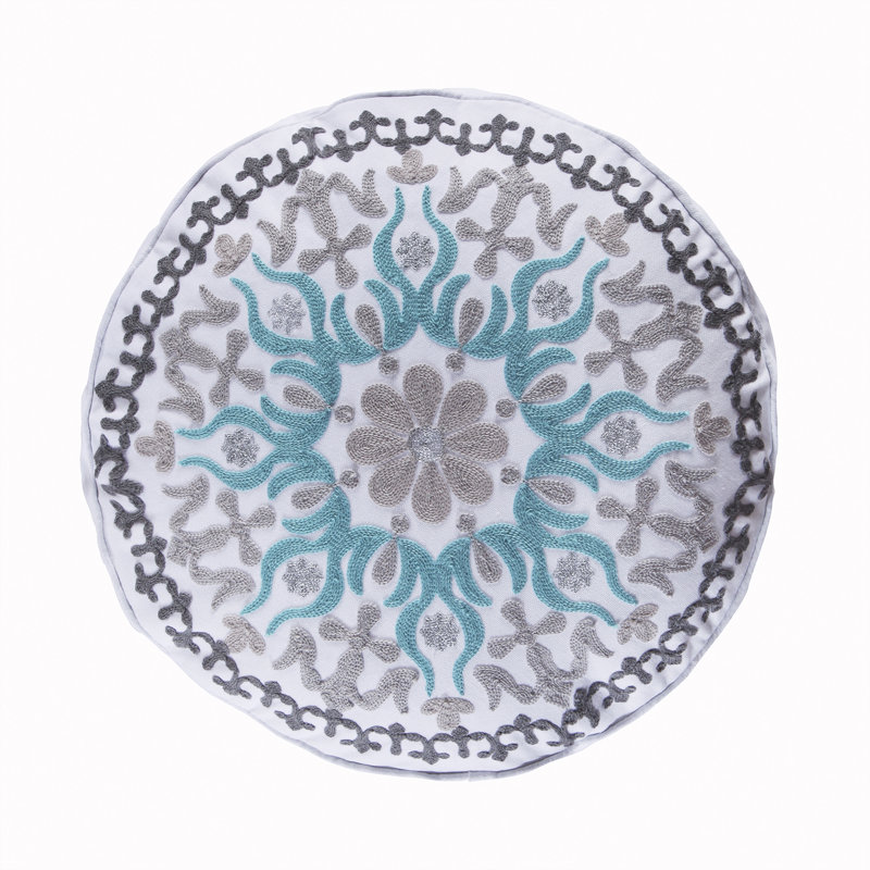 Bondi Stripe Grey Round Crewel Stitch Pillow