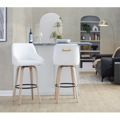 Harper 30" Fixed-Height Faux Leather Bar Stools with Bent Wood Legs & Round Footrest