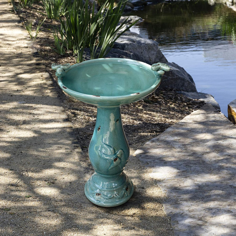 Outdoor Antique Ceramic Birdbath,  25", Turquoise