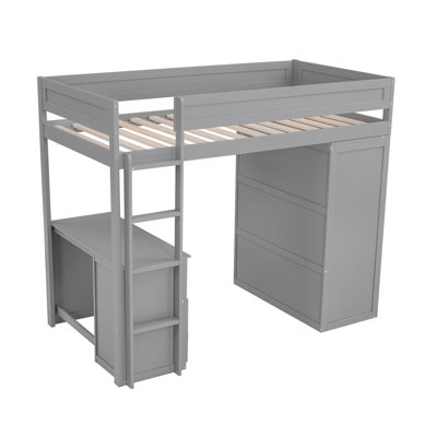 Lit mezzanine en bois avec garde-robe et bureau à 2 tiroirs avec armoire, gris
