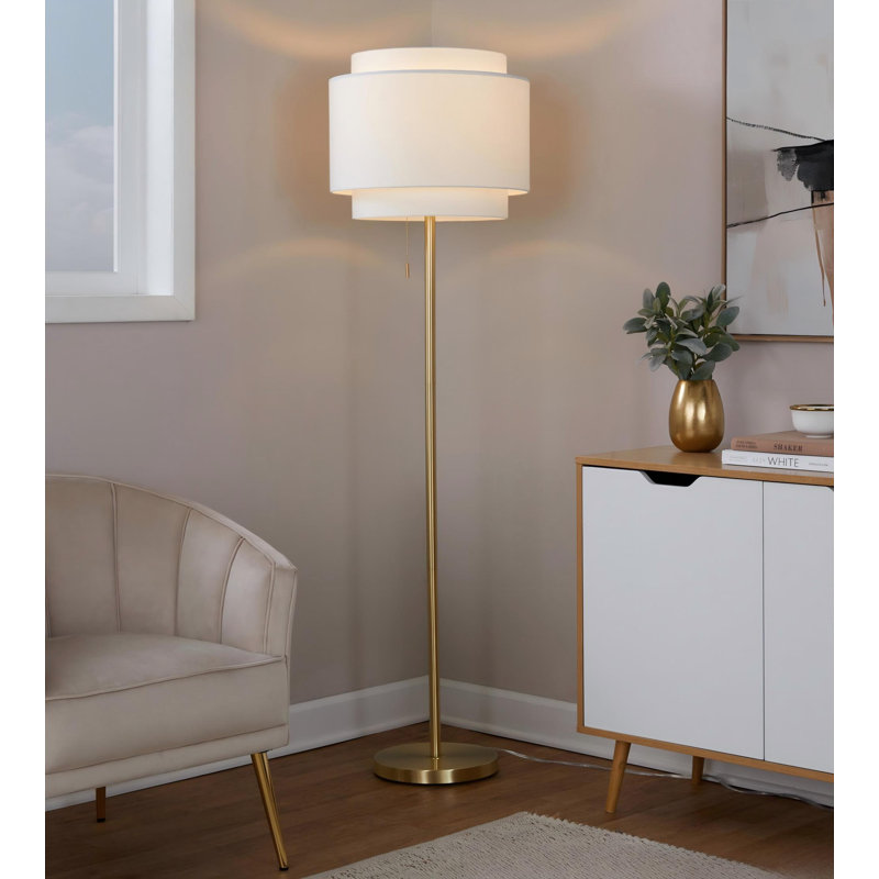 Lampe sur pied avec interrupteur de chaîne à abat-jour étagé en métal et lin blanc cassé L 17,75 po x l 17,75 po x H 63,5 po