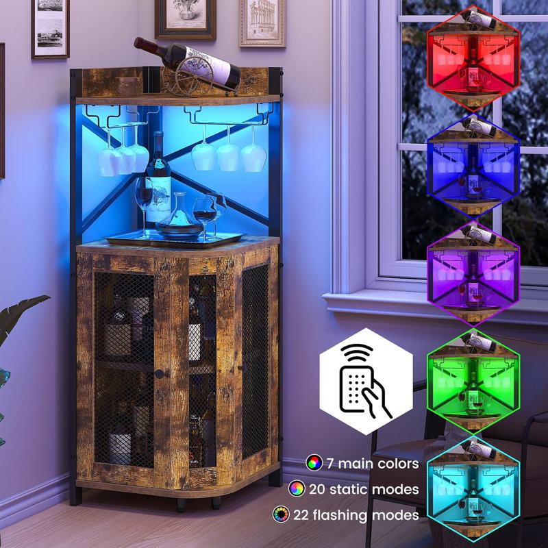 Corner Bar Cabinet with Power Outlet and LED Light, Industrial Wine Cabinet with Glass Holder, 4-Tier Liquor Cabinet for Home, Farmhouse Home Bar for Liquor and Wine Storage, Rustic Brown