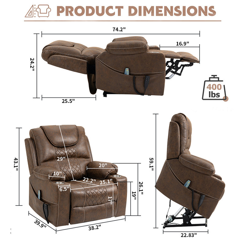 Palmera 38"W Dual Electric Power Lift Recliner Chair with Massage and Heat, 180 degrees, Brown Faux Leather