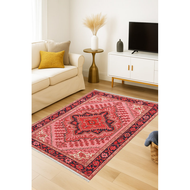 Tapis rose tissé à envers lavable traditionnel Mosso, 2'6" x 4'11"