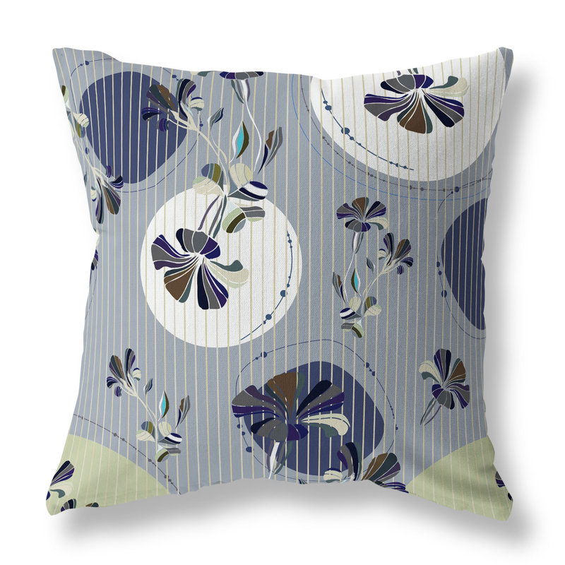 Blue and Gray Floral Reversible Square Throw Pillow