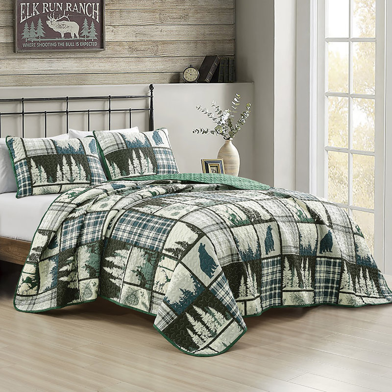 3 Piece Cabin Lodge Rustic Country Bear Reversible Quilt Coverlet Bedspread Bedding Set, King Coverlet/Bedspread + 2 Shams