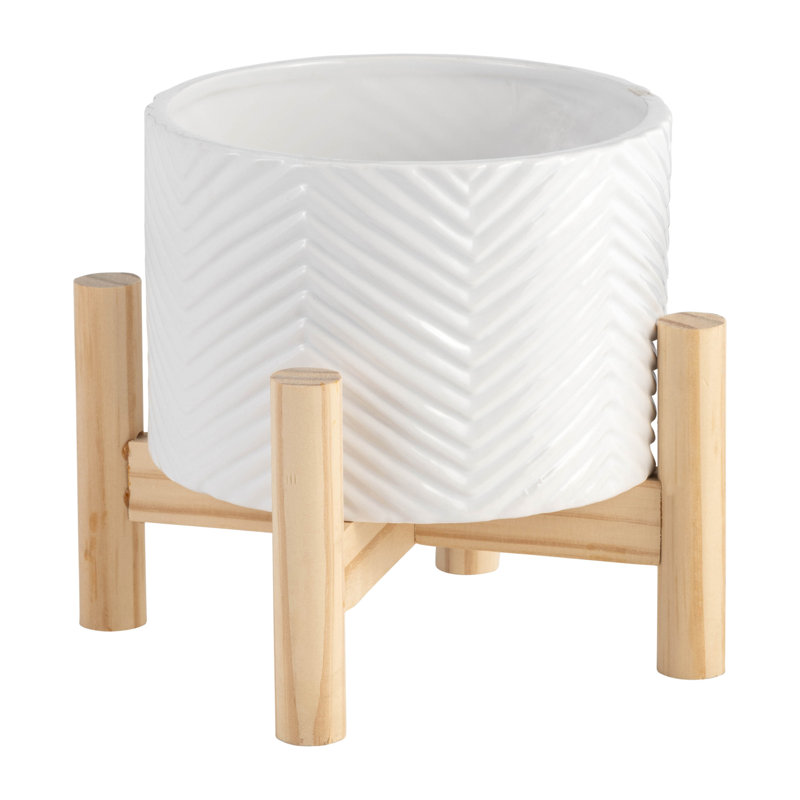 Elegant Ceramic Chevron Planter With Wood Stand, A Stylish And Functional Addition To Any Space.