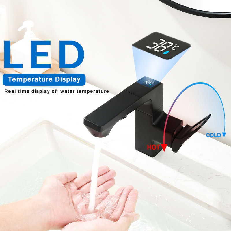 Robinet de salle de bain à DEL avec affichage numérique en noir mat, rétractable, hauteur de bec de 6,7 po, poignée à levier, noir terni avec buse, contrôle de la température de l'eau en temps réel, simple