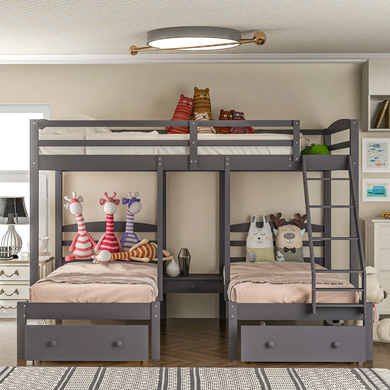 Gray Triple Bunk Bed With Drawer Functionality And Efficient Design - Solid Pine , Space Saving For Bedrooms Practical Made, User-