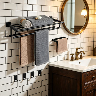 Ensemble porte-serviettes de salle de bain en acier inoxydable avec barre et crochets, ensemble de 6 accessoires de quincaillerie pour salle de bain à fixation murale, résistant à la rouille et durable