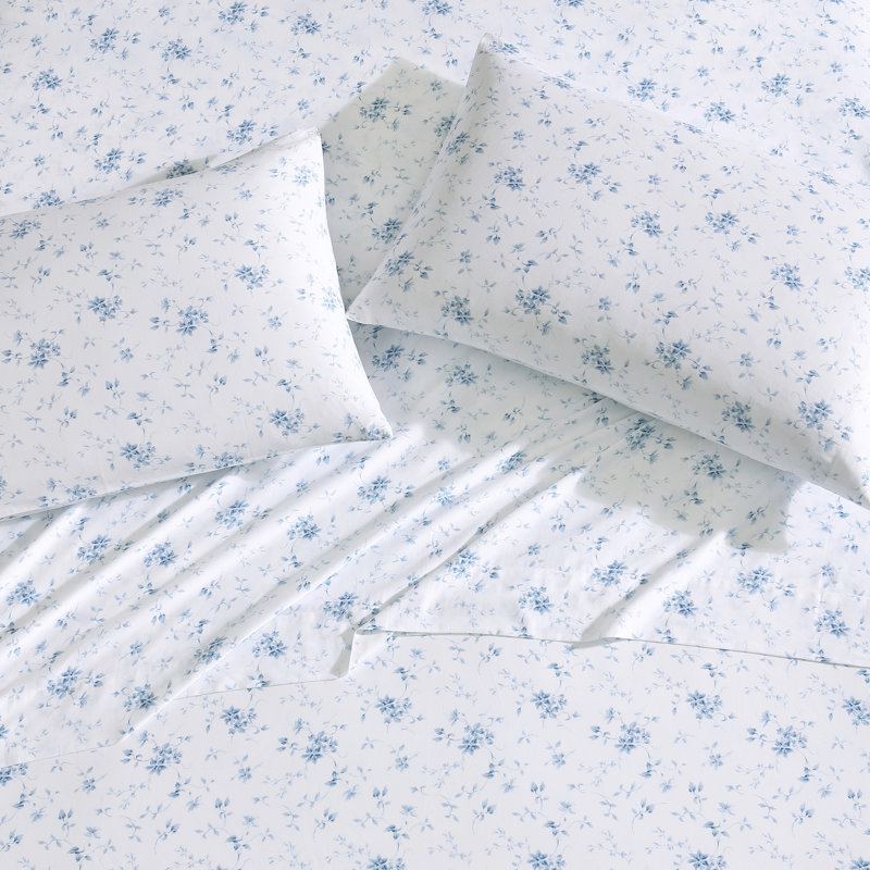Laura Ashley Sateen Cotton Printed Sheet Sets, Queen Sheet Set with 2 Pillowcases, Garden Muse Blue