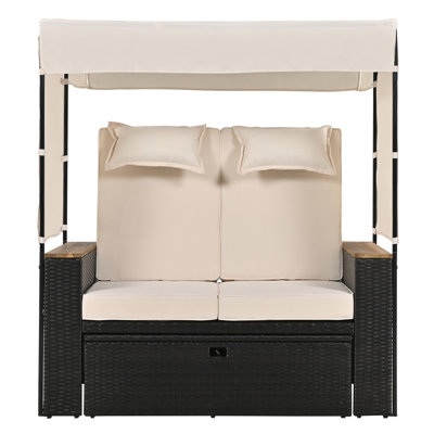 Lit de jour 2 pièces en rotin d'extérieur, lit d'extérieur à 5 positions, causeuse d'extérieur avec banc, ensemble de toit et coussins pour la piscine, la cour et le jardin (osier brun et tissu beige)