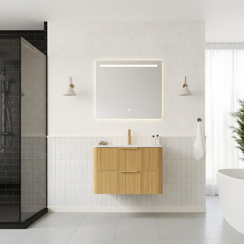 Meuble-lavabo mural 30 po avec 2 tiroirs et lavabo en céramique Carrara, 30", Chêne clair