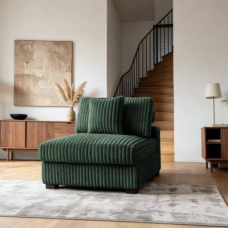 Upholstered Green Faux Rabbit Fur Flannel Armless Chair with Pillow Back, Single Chair Module Part For Sectional Sofa, Green