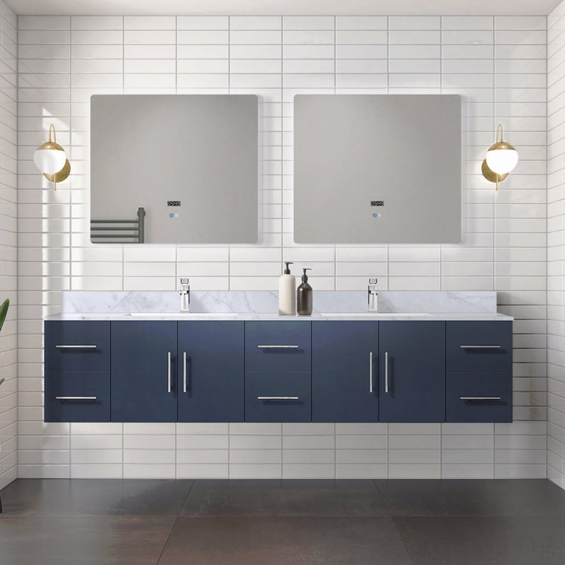 Ensemble de meuble-lavabo double 84 po x P 22 po avec plateau en marbre de Carrare et robinet, Bleu