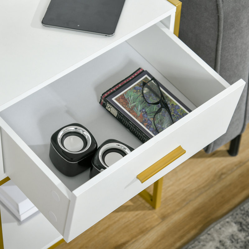 Ensemble de 2 tables de chevet, table de chevet avec tiroir et tablette, Blanc / doré