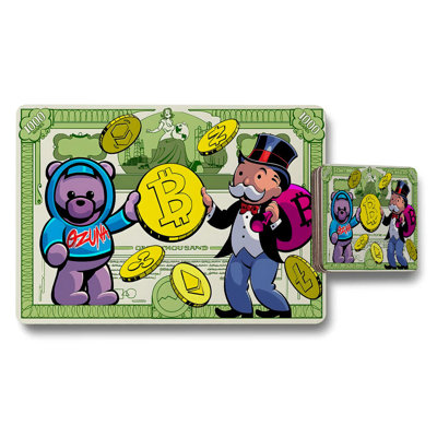 Placemat And Coaster Set With Cartoon Money And Bitcoin Design