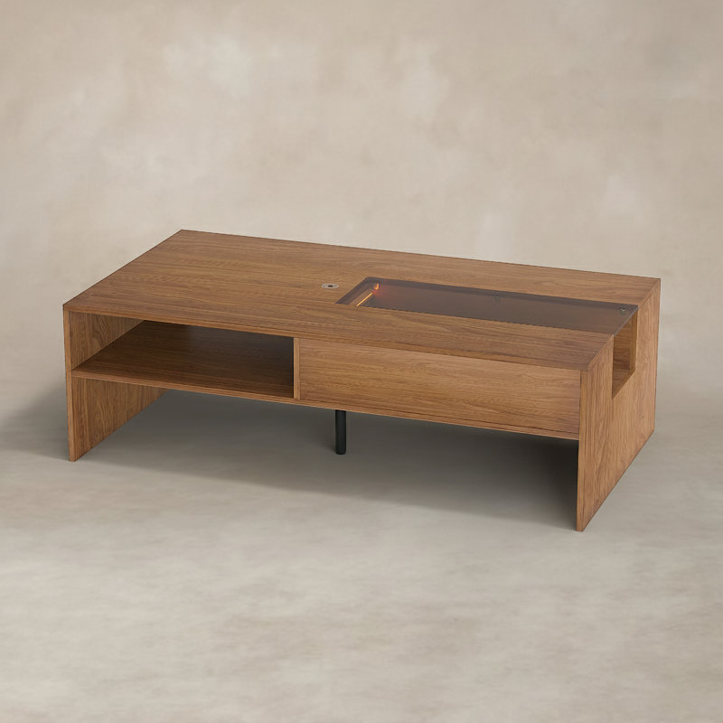 Table basse en bois 51,1 po avec lumières à DEL, tablettes de rangement et plateau rabattable