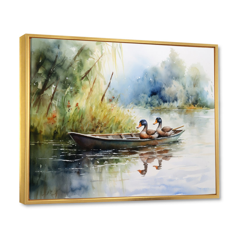 Ducks In A Little Boat On The Lake - Duck, reproduction d'art encadrée, H 24 po x l 32 po x P 1 po, Cadre flottant doré