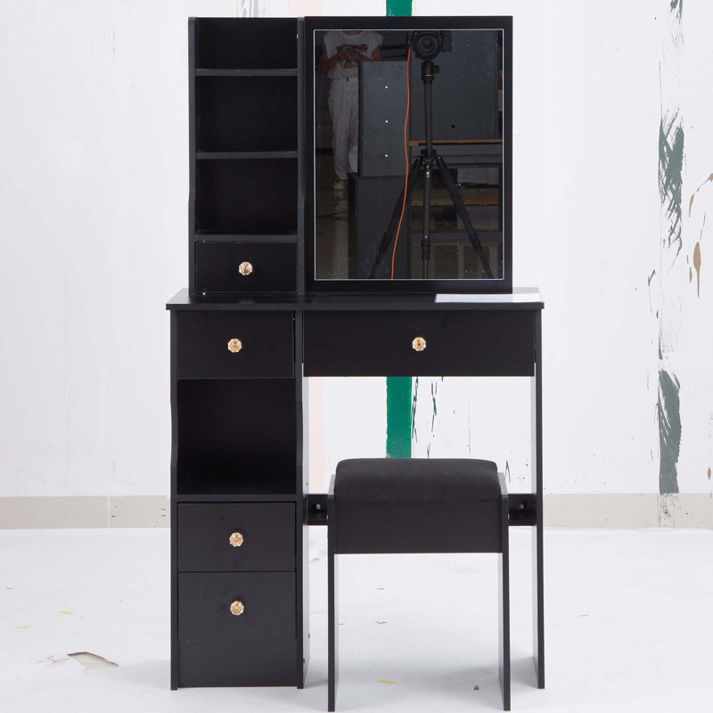Petit meuble-lavabo de 29,2 po avec tabouret de bureau et tabouret rembourré, très grand miroir coulissant à droite, rangement multicouche à grande capacité, commode pratique et pratique, convient aux petits espaces