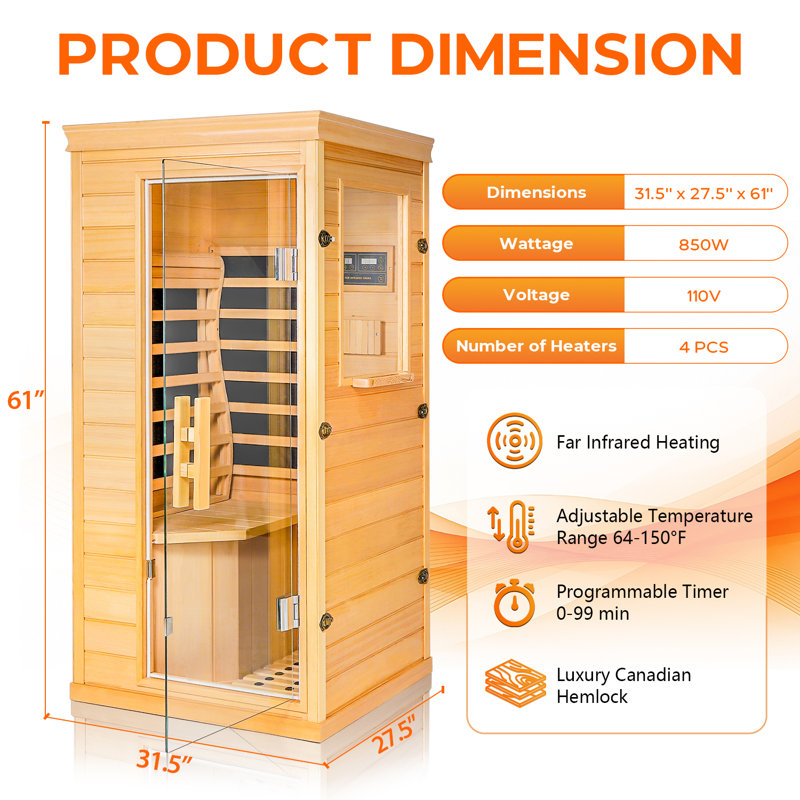1 Person Wood Sauna Room for Home, 850W/110V Infrared Sauna, 31.5”L × 27.5”W × 61”H