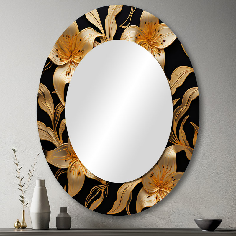 Golden Lily Flower Glam On Black VII - Large Oval Wall Mirror On Metal, 43" x 33"