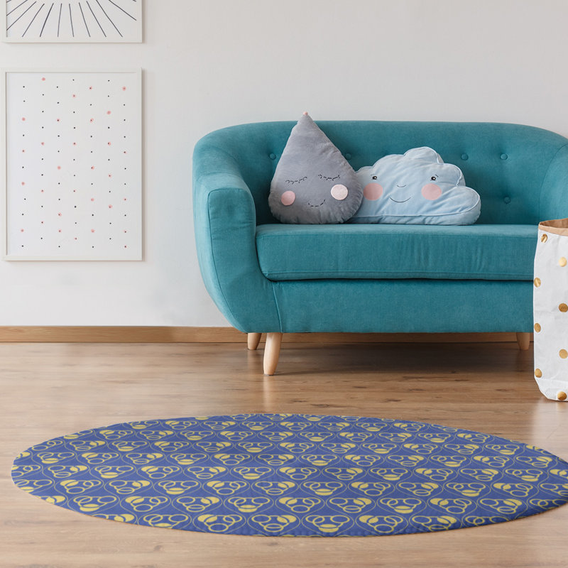 Tapis bleu/jaune cercles/vagues, Rond 5 pi