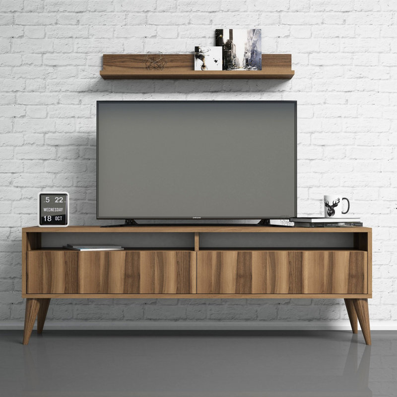 Ensemble de meubles de salon moderne, finition noyer, meuble télé 59,1 po x 19,7 po x 11,8 po | Table basse 35,4 x 13,6 x 23,6 pouces | Tablette murale 35,4 po x 4,6 po x 5,4 po | Panneau de particules enduit 100% mélamine, design élégant et fonctionnel