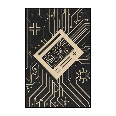 Machine Washable Orfelinda Eight Bit Console Retro Geometric Rug in Black – Black Binding