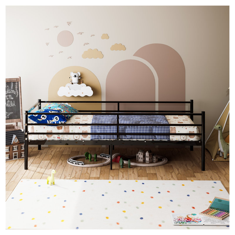 Structure de lit de jour simple en métal avec rails de sécurité, lit plateforme noir robuste pour chambre d'enfant et chambre d'amis, assemblage facile