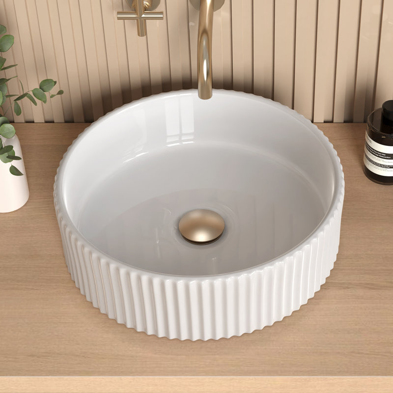 White Ribbed Ceramic Round Above-Counter Vessel Sink
