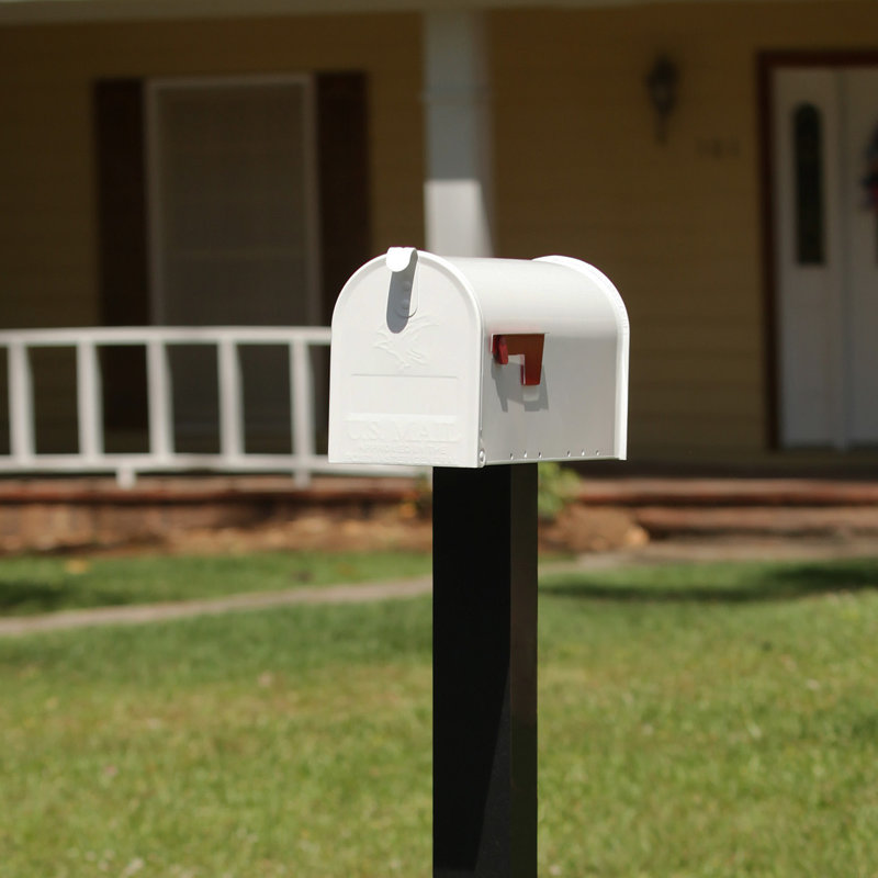 White Medium Steel Post-Mount Mailbox with Red Flag