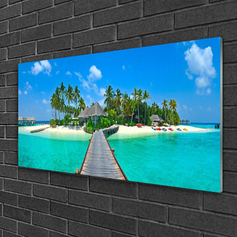 Architecture Beach Palm Trees Bridge Sea - Unframed Photograph on Glass