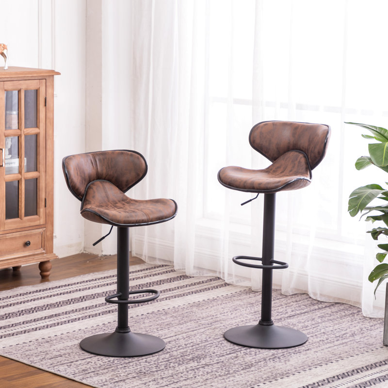 Masaccio Weathered Upholstery Airlift Adjustable Swivel Barstool With Chrome Base, Set Of 2, Black, Brown