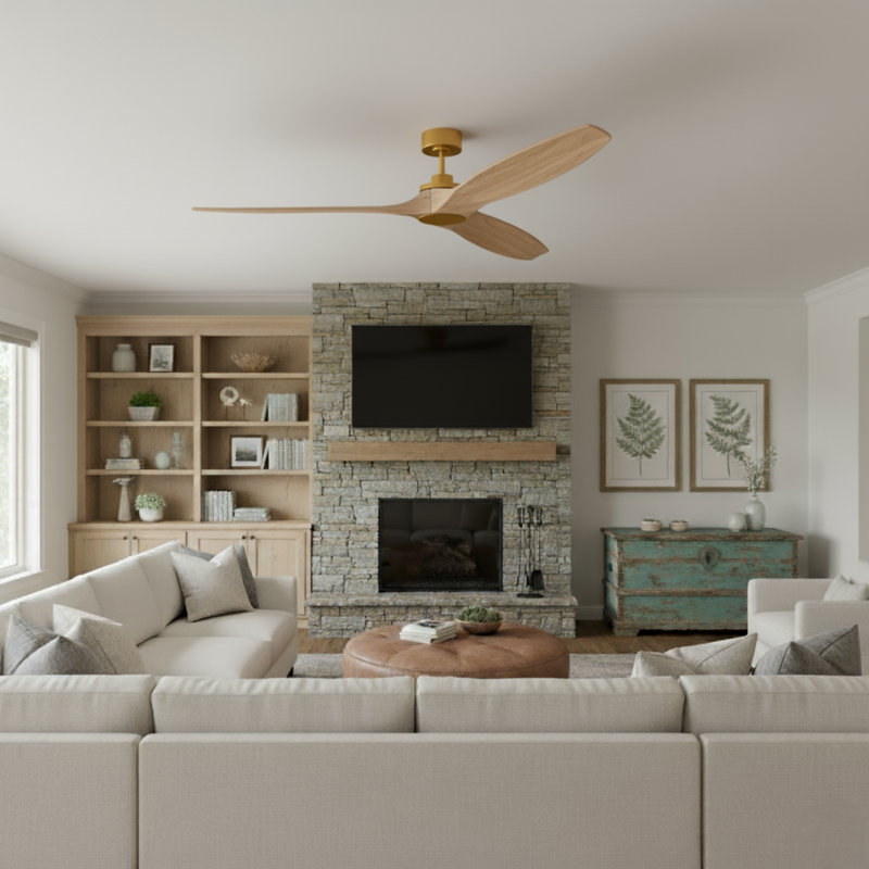  Collins Smart 70 Indoor Ceiling Fan with Threaded Downrod, Washed White Oak blades and Handheld Remote, Burnished Brass