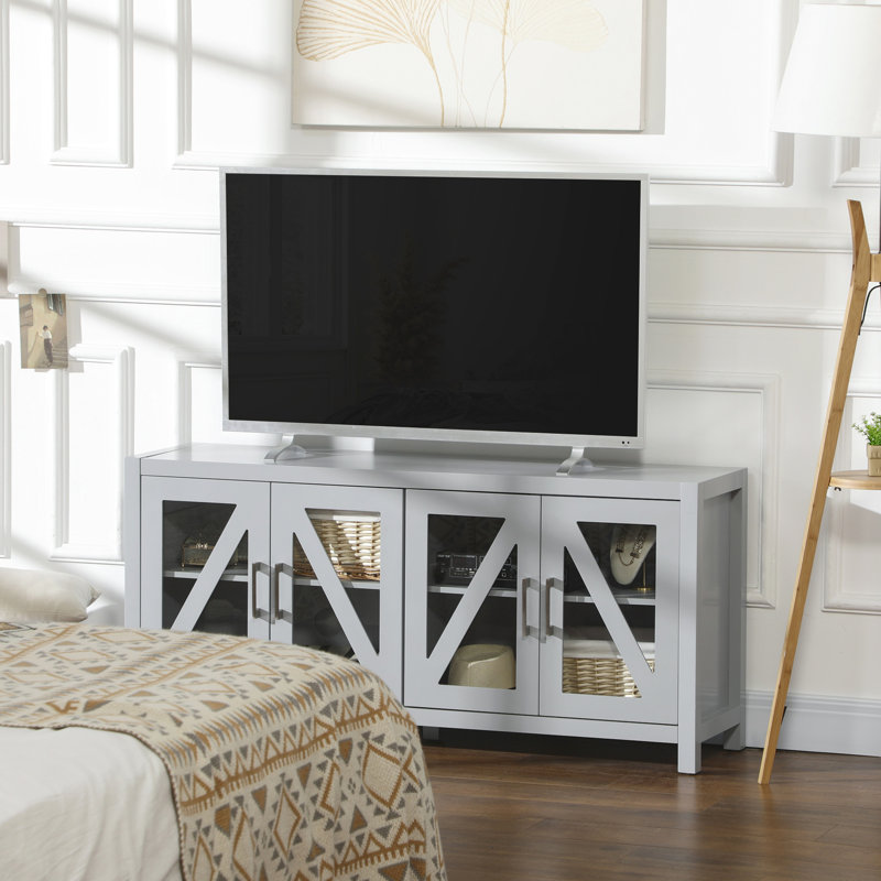 Meuble télé pour téléviseur de 58 po gris avec 4 portes en verre, tablettes réglables et trous pour câbles