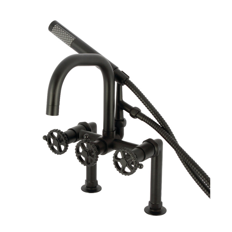 Kingston Brass Fuller Three-Handle 2-Hole Deck Mount Clawfoot Tub Faucet with Hand Shower, Matte Black