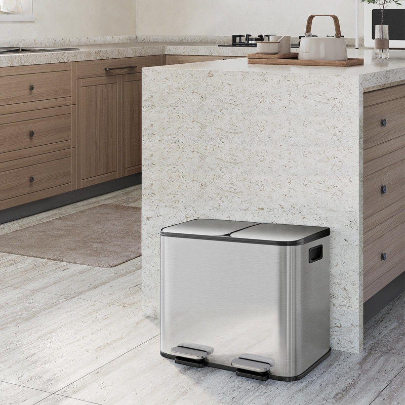 Poubelle double 30L 2 x 15L, poubelle à marches en acier inoxydable avec couvercle à fermeture douce et seaux intérieurs amovibles pour le recyclage de la cuisine