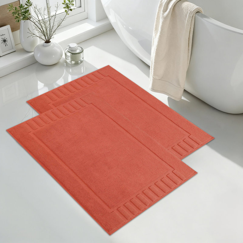 100% Cotton Thick Geometric Border Washable Bath Mats , Coral