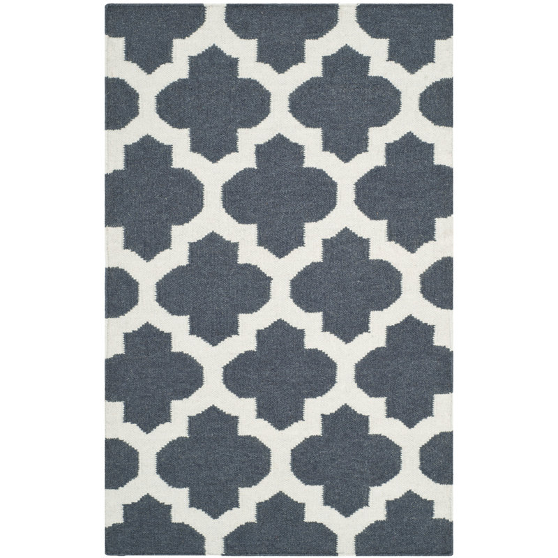 Rodgers Hand Woven Flat Weave Wool/Cotton Geometric Rug in Ivory/Blue, Rectangle 3' x 5'