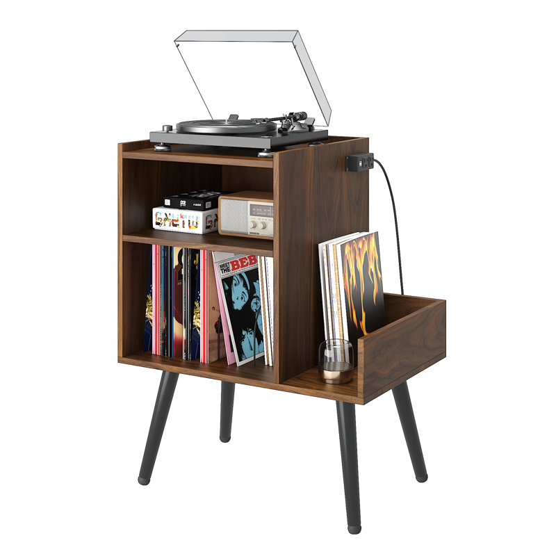 Record Storage Cabinet with Audio Shelf and Built-In Power Outlet for Bedroom, Living Room, Small Spaces, Dark Walnut