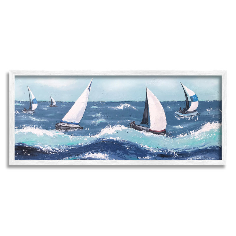 Vagues de mer éclaboussant des voiliers par Jade Reynolds - peinture à cadre flottant sur bois, L 24 po x H 10 po x P 1,5 po